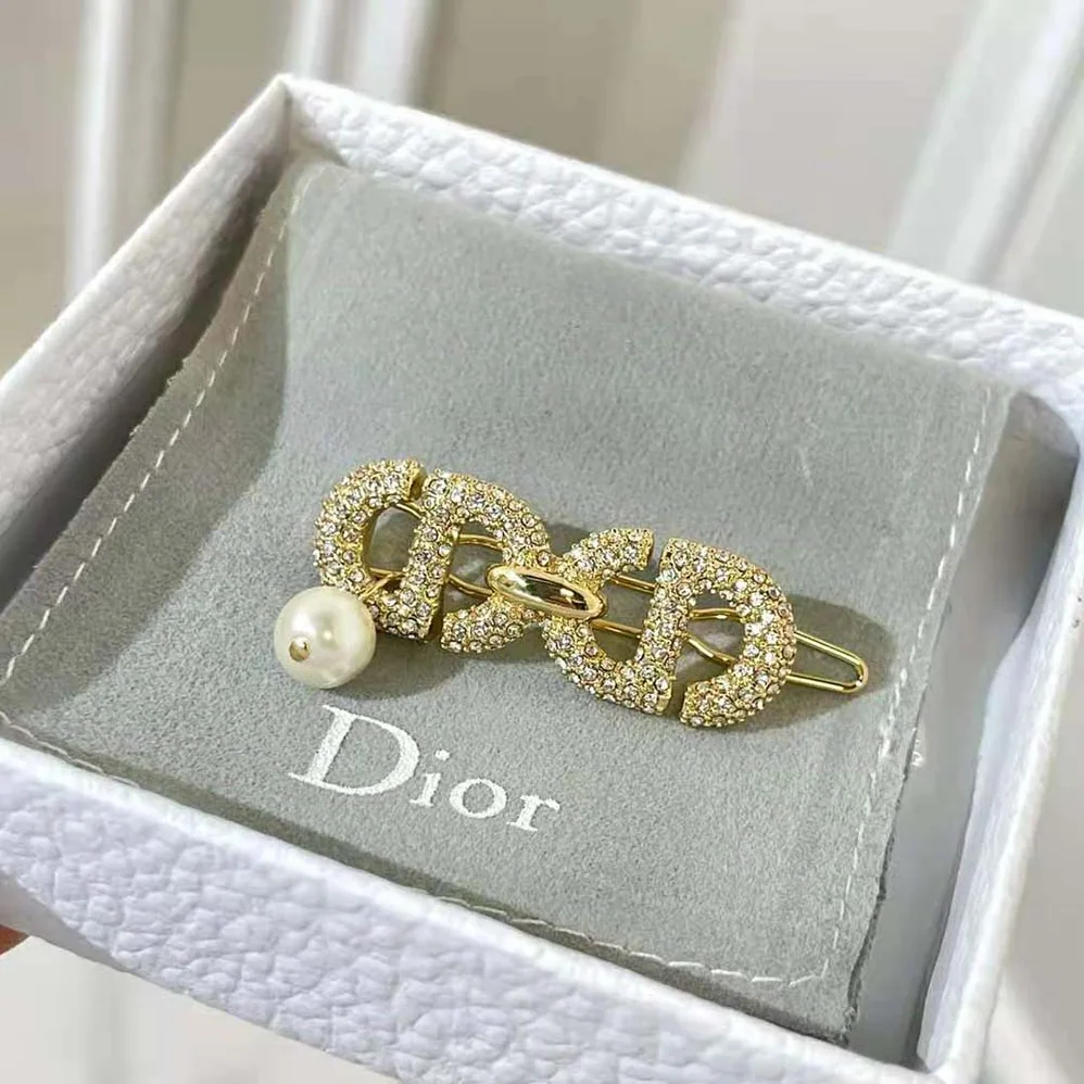 Dior CD Navy Barrette Gold-Finish Metal and White Crystals for Women