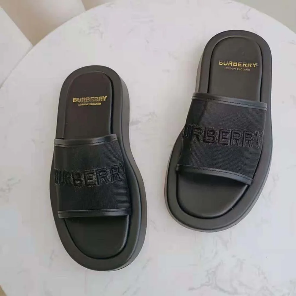 Burberry Embroidered Logo Mesh and Leather Slides for Women Burberry Embroidered Logo Mesh and Leather Slides for Women