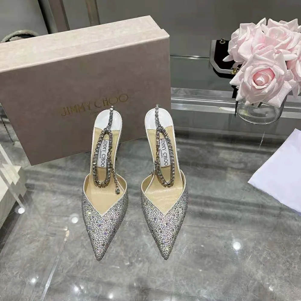 Jimmy Choo Saeda 100 Ivory Satin Pumps with Crystal Embellishment for Women