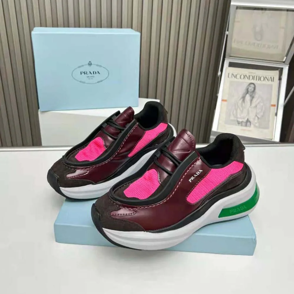 Prada Systeme Brushed Leather Sneakers with Bike Fabric and Suede Elements for Men in Pink