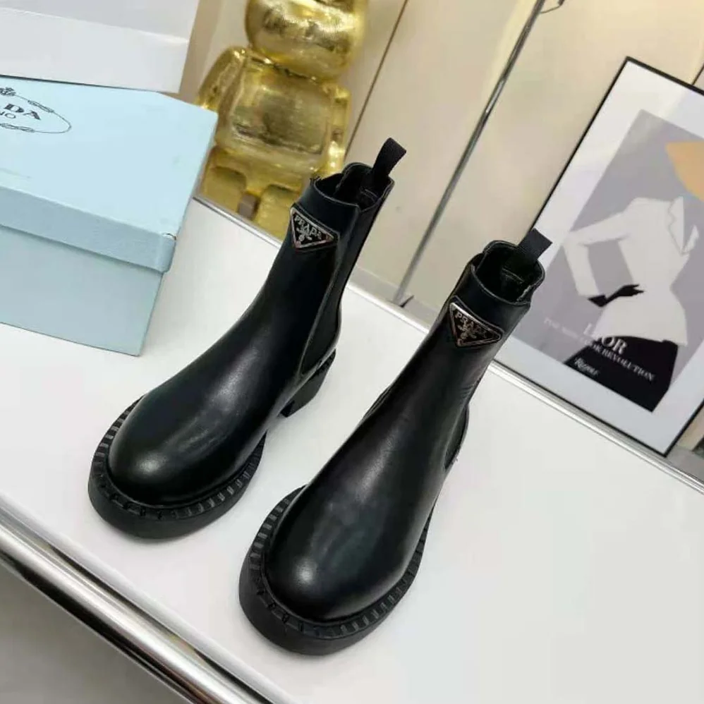 Prada Brushed Leather Booties for Women in Black Prada Brushed Leather Booties for Women in Black