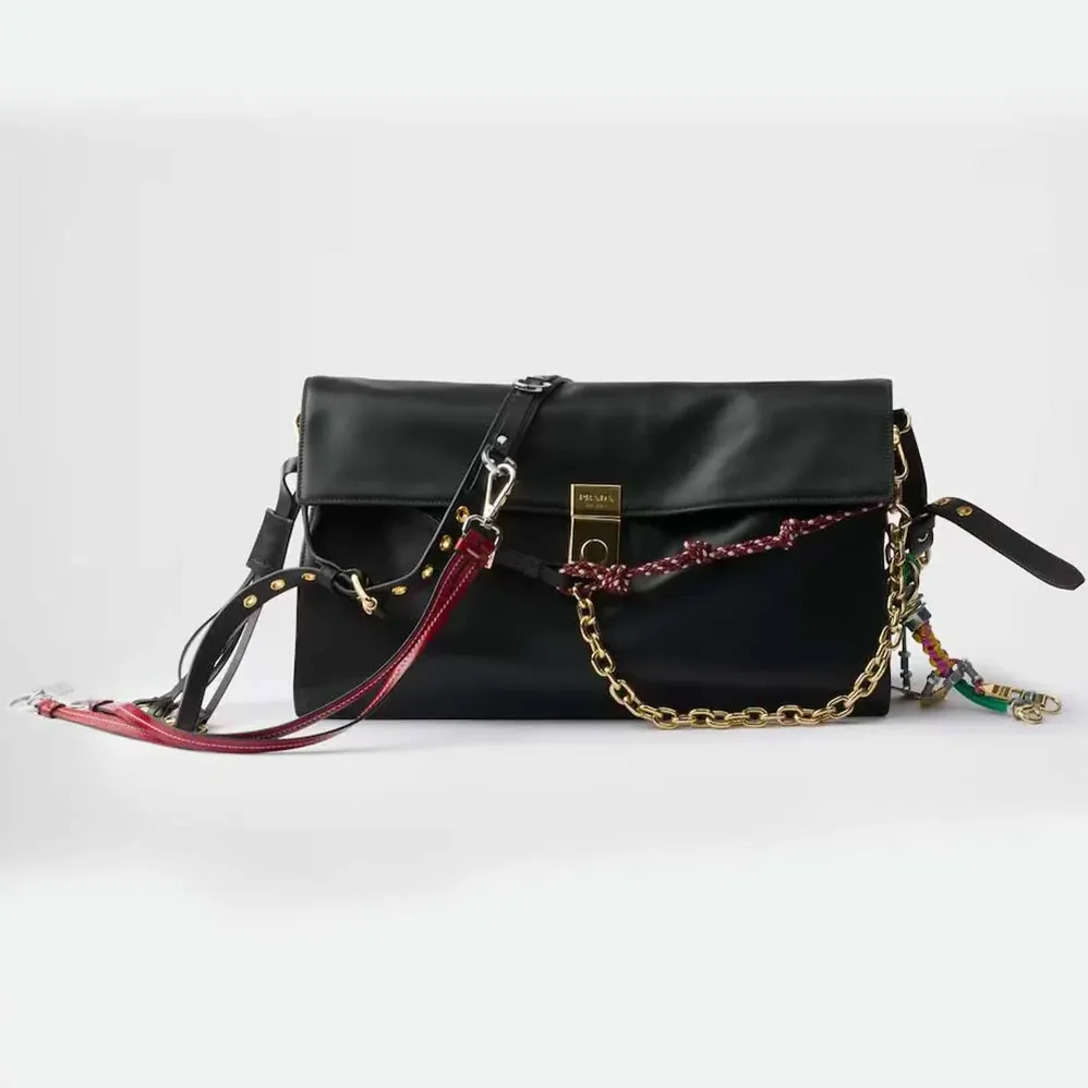 Prada Soft Sound Large Leather Shoulder Bag with Charms for Women in Black