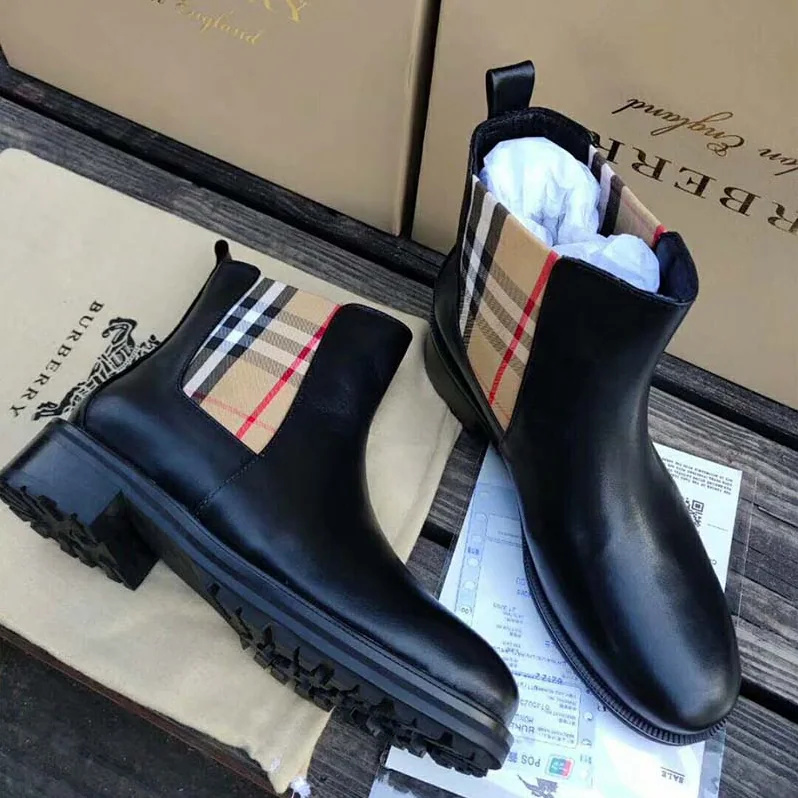 Burberry Vintage Check Detail Leather Chelsea Boots for Women in Black Burberry Vintage Check Detail Leather Chelsea Boots for Women in Black
