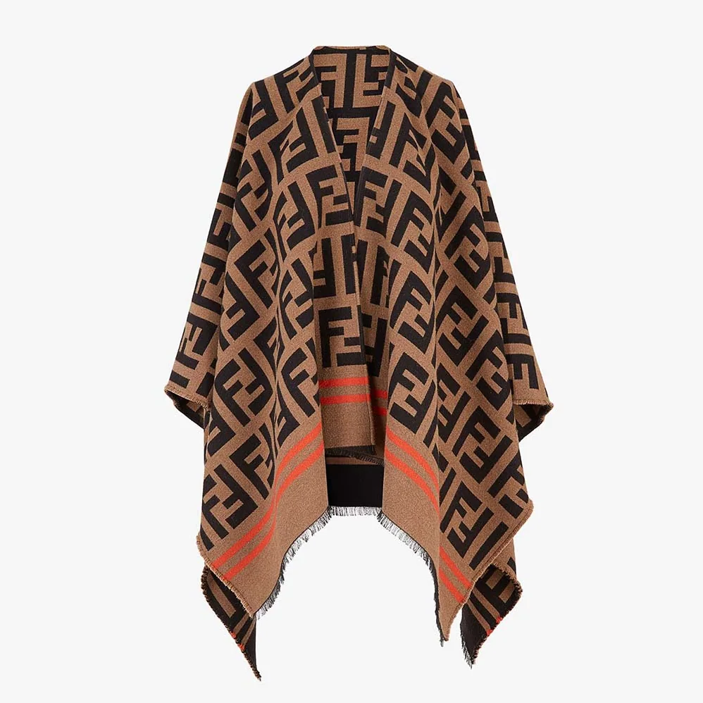 Fendi FF Poncho Multicolor Wool and Silk Poncho for Women in Brown