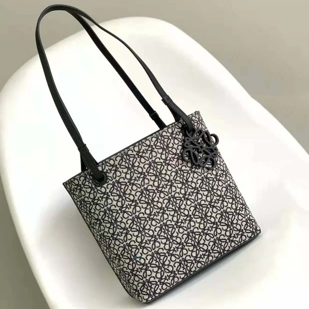 Loewe Square Tote Bag in Anagram Jacquard and Calfskin for Women in Black Loewe Square Tote Bag in Anagram Jacquard and Calfskin for Women in Black