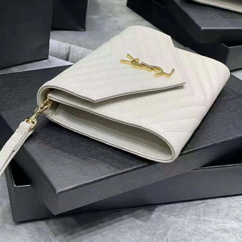 Saint Laurent YSL Monogram Clutch in Quilted Grain de Poudre Embossed Leather for Women