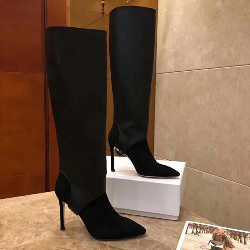 Jimmy Choo Shoes Hurley 100 Black Suede and Calf Leather Two-Piece Knee for Women in High Booties Jimmy Choo Shoes Hurley 100 Black Suede and Calf Leather Two-Piece Knee for Women in High Booties