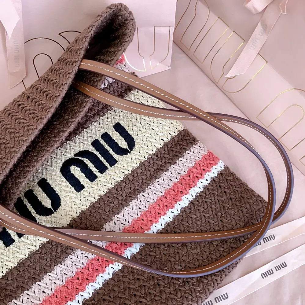 Miu Miu Raffia-Effect Woven Tote Bag for Women in Tobacco/Strawberry/Natural Miu Miu Raffia-Effect Woven Tote Bag for Women in Tobacco/Strawberry/Natural