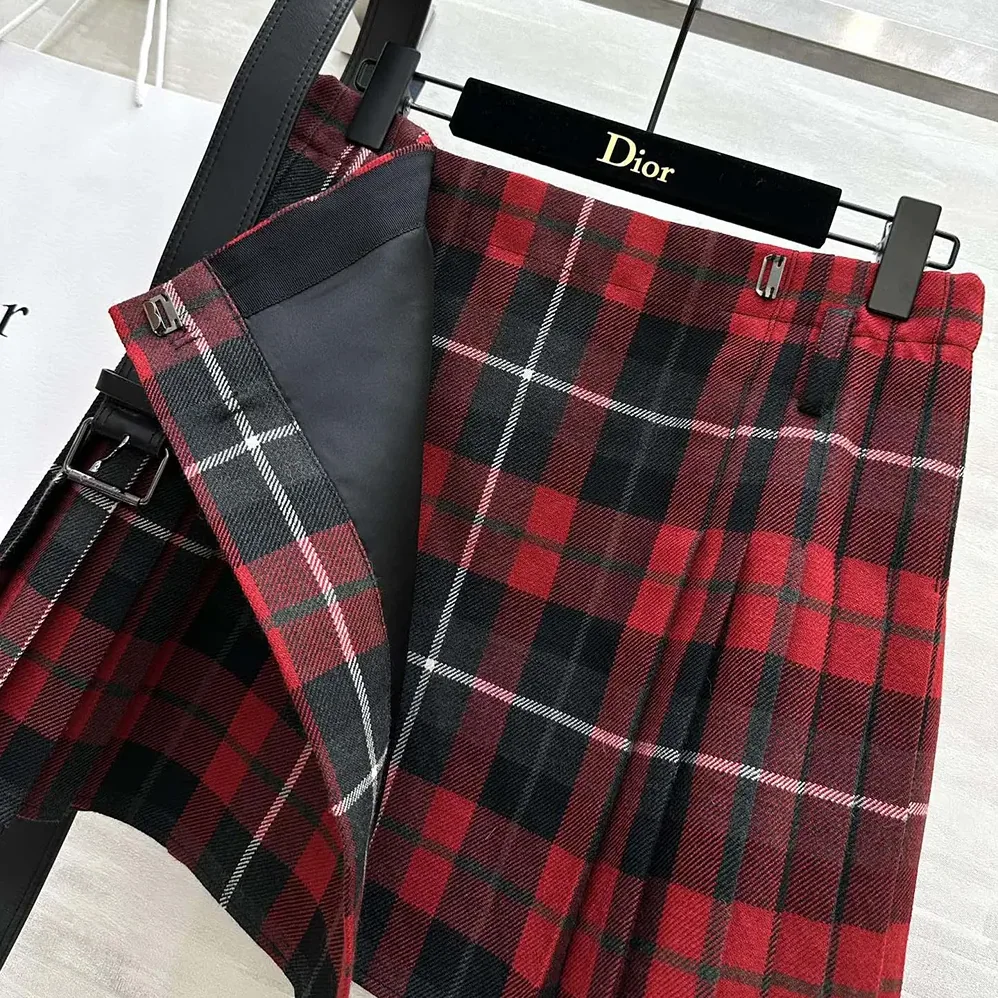 Dior Belted Short Kilt Red Gray and Black Check'n'Dior Virgin Wool for Women