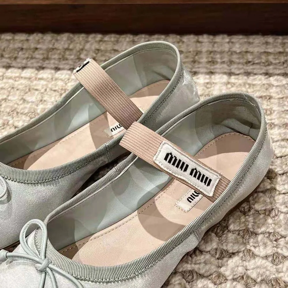 Miu Miu Satin Ballerinas with Knit Logo Label for Women in Blue Miu Miu Satin Ballerinas with Knit Logo Label for Women in Blue