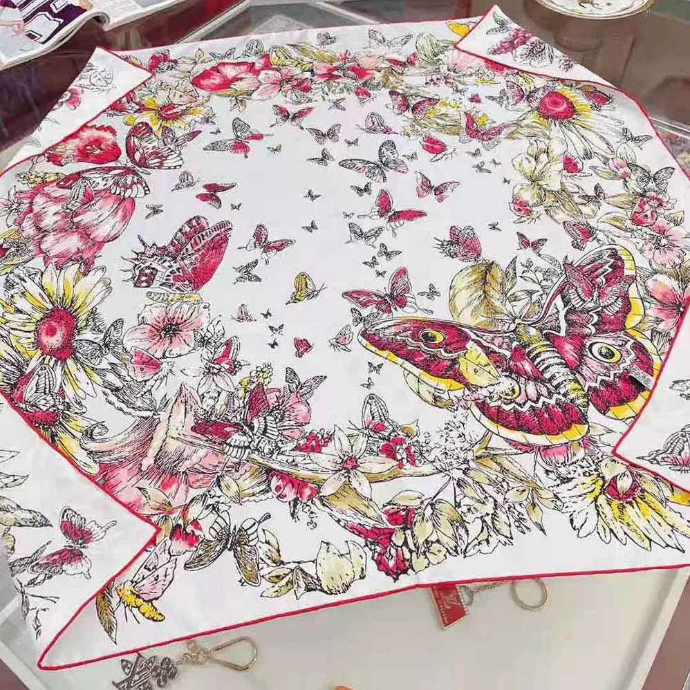 Dior Square Scarf Lvory Silk Twill with Multicolor Butterfly Motif for Women