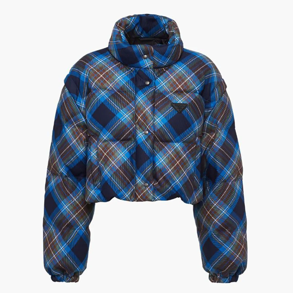 Prada Cropped Plaid Puffer Jacket for Women in Blue