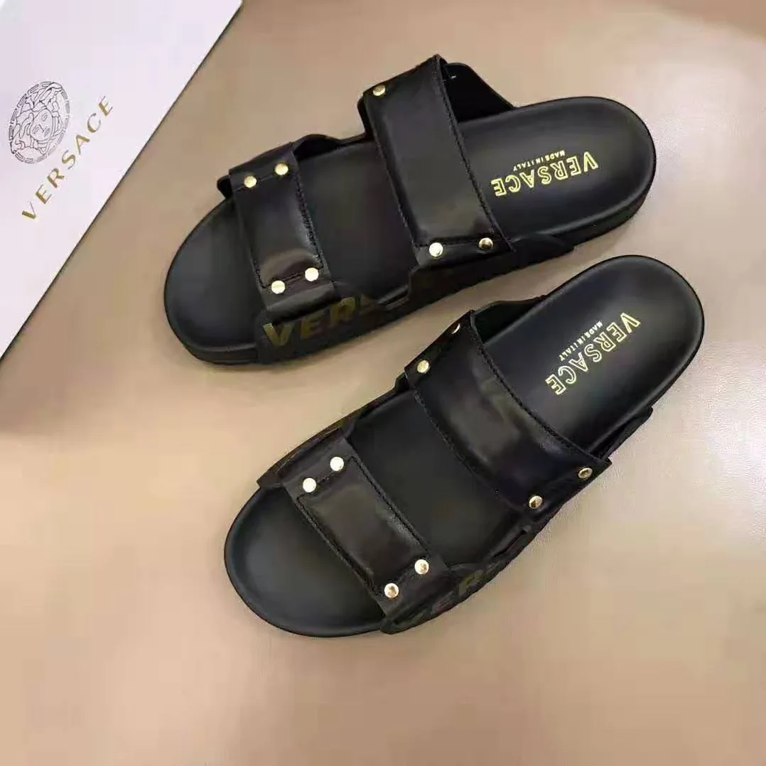 Versace Speed Logo Leather Sandals for Men in Black Versace Speed Logo Leather Sandals for Men in Black