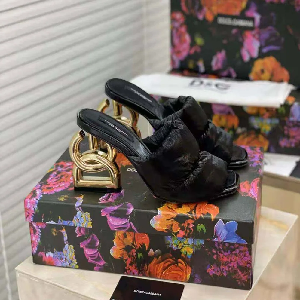 Dolce Gabbana D&G Down-Padded Mules with DG Pop Heel for Women in Black