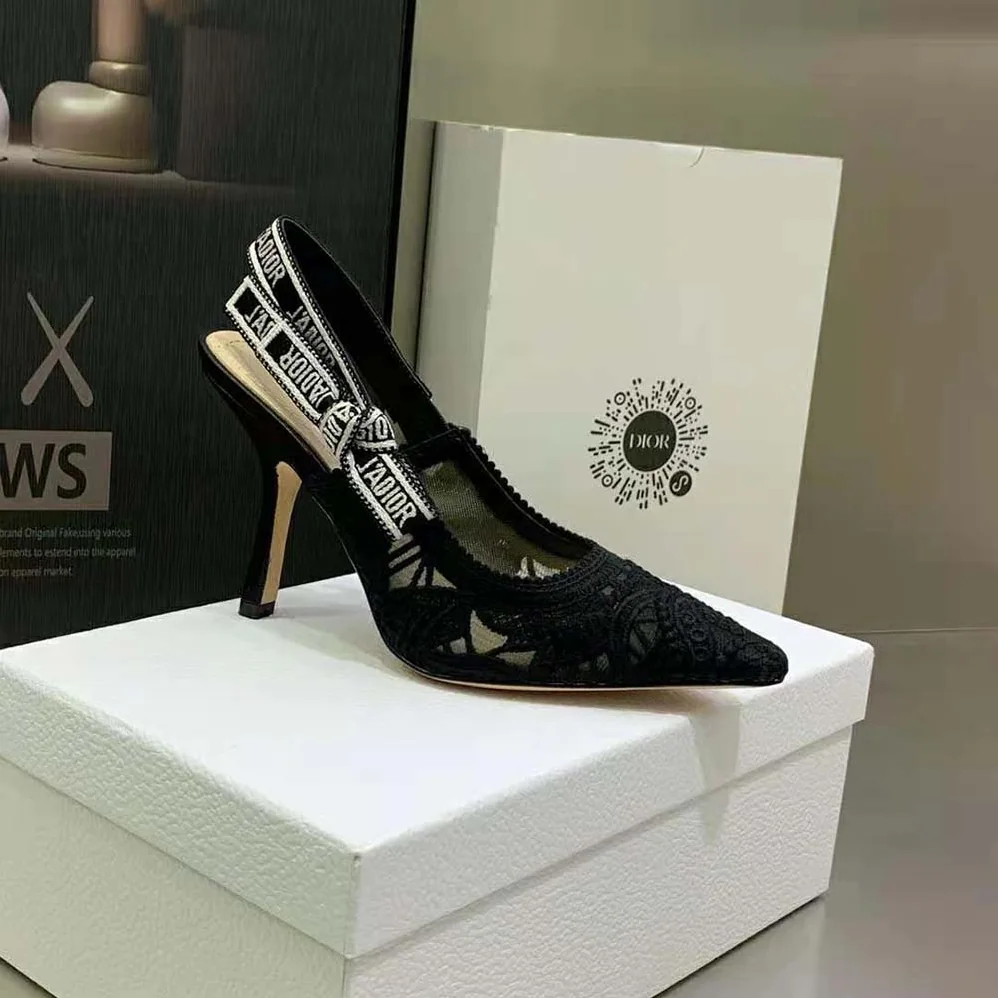 Dior J Adior Slingback Pump Black Macramé Embroidered Cotton for Women Dior J Adior Slingback Pump Black Macramé Embroidered Cotton for Women