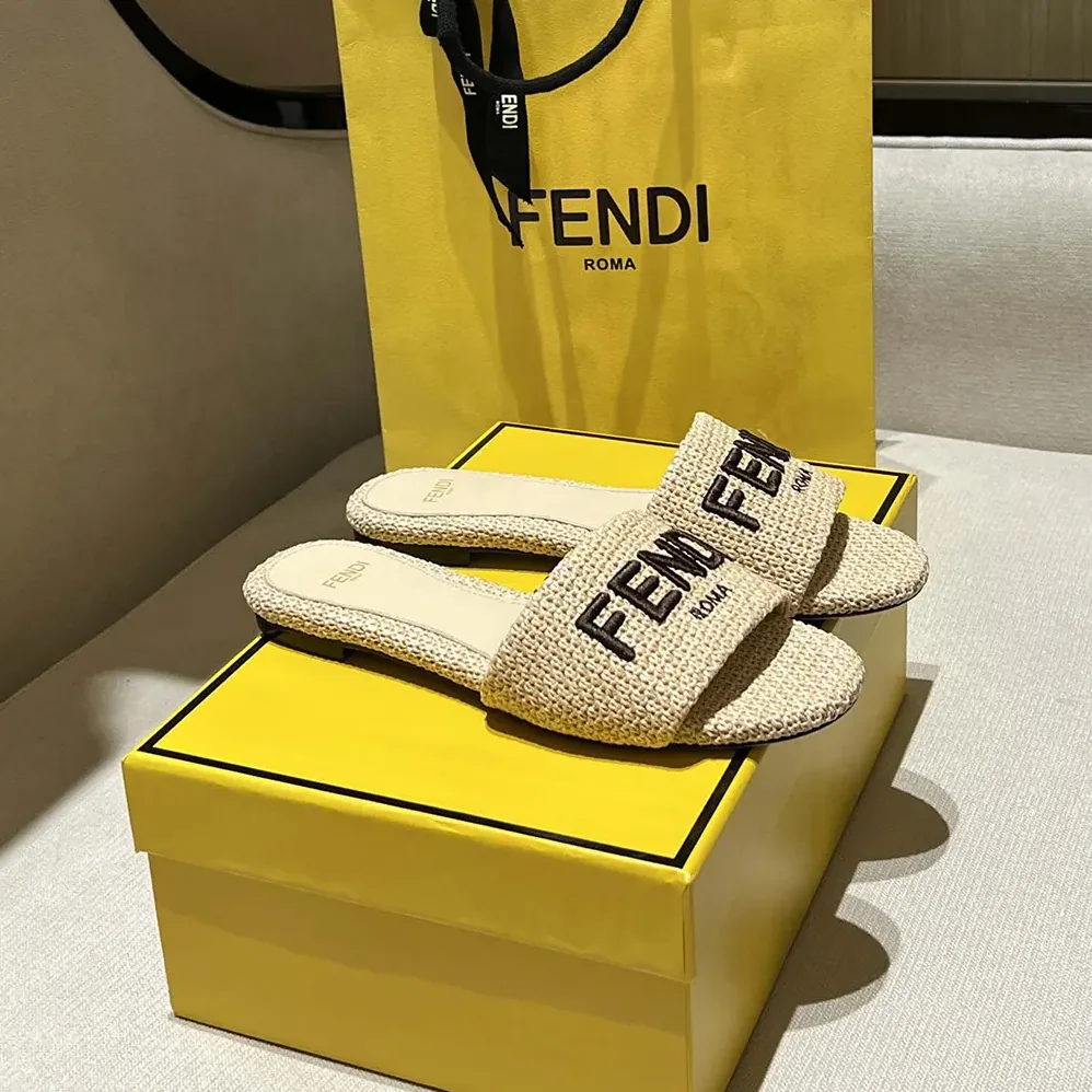 Fendi Signature Beige Cotton Fiber Slides for Women Fendi Signature Beige Cotton Fiber Slides for Women