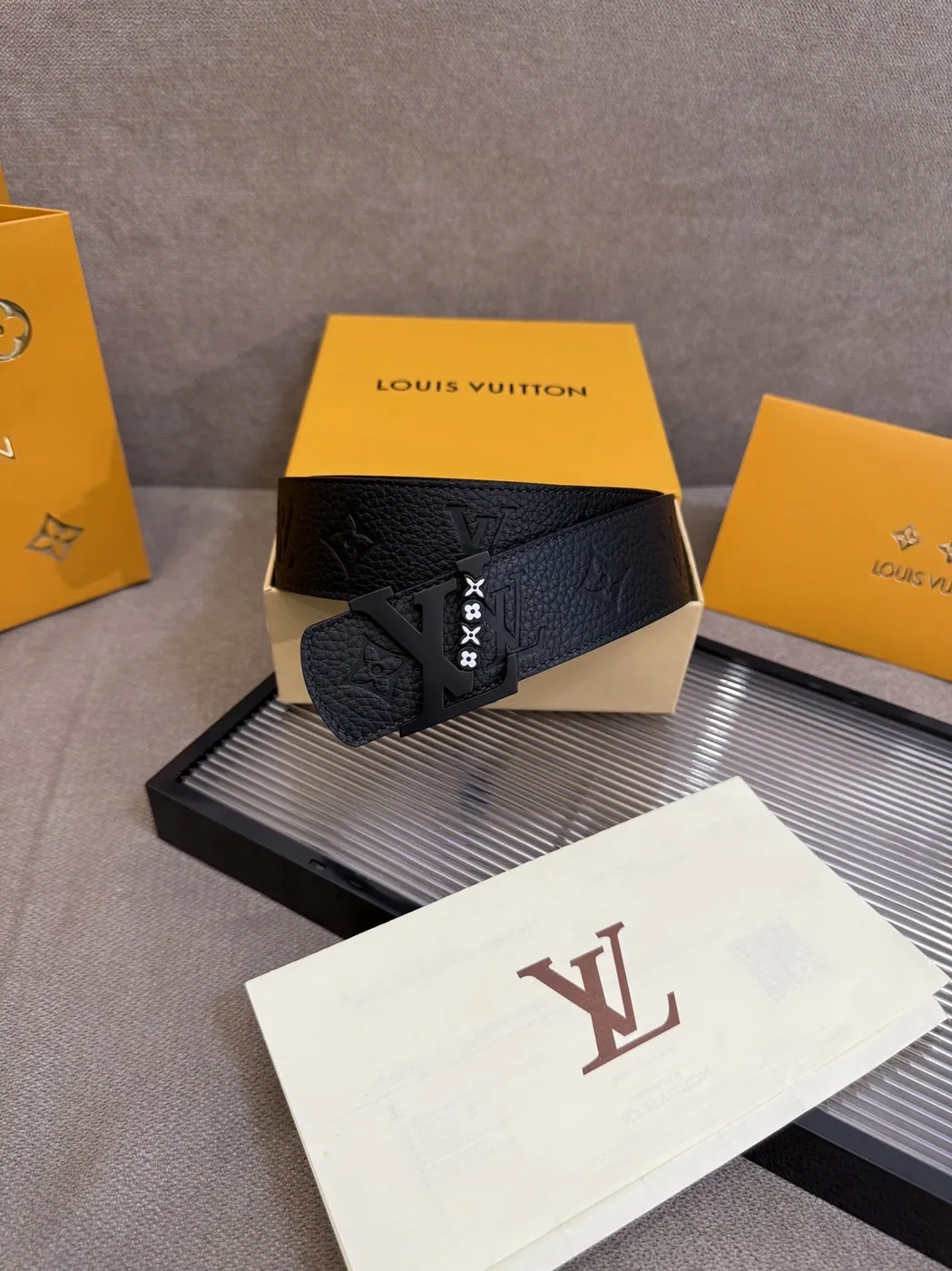 Louis Vuitton LV Initiales Embossed Monogram Pattern Belt Black
