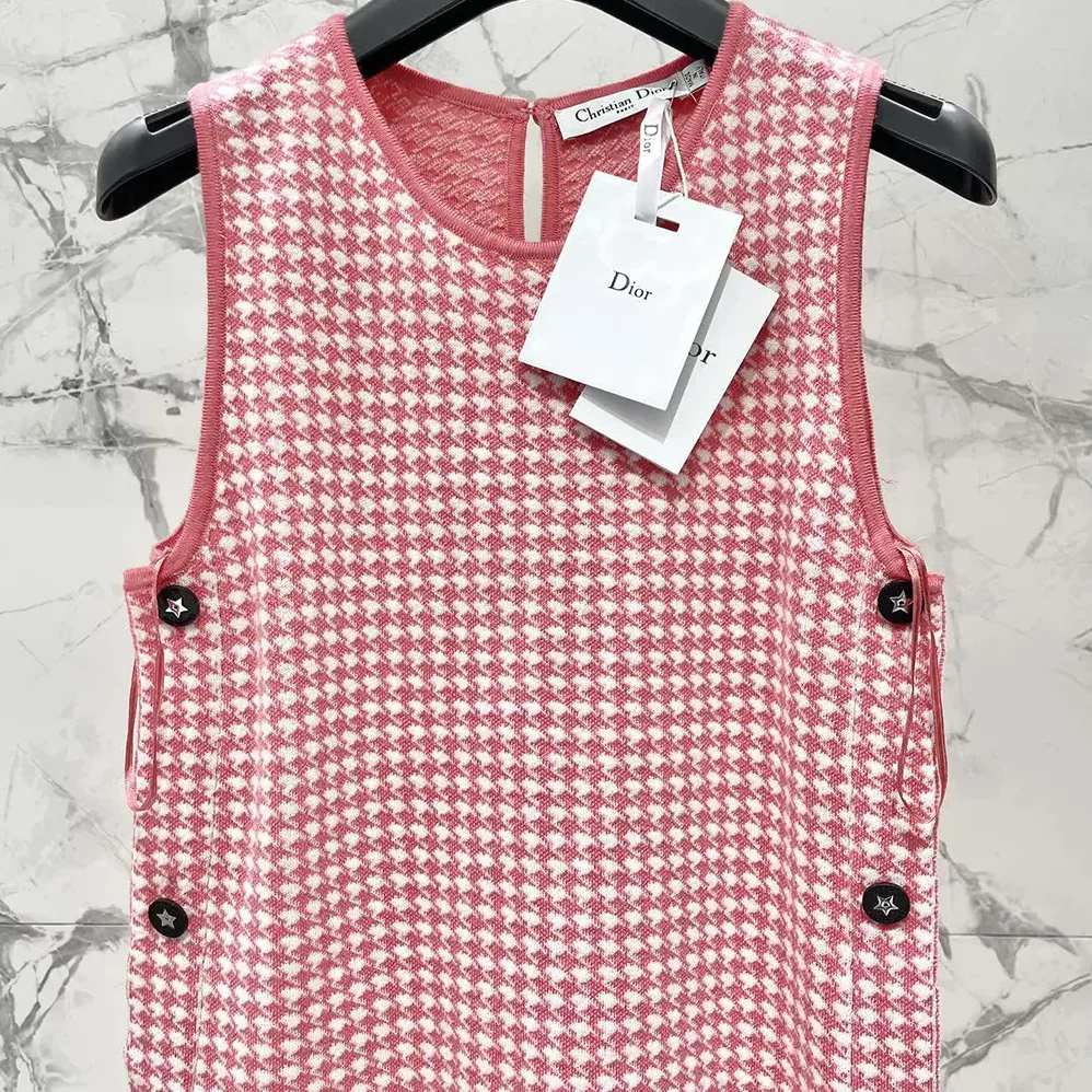 Dior Dioriviera Short Straight Dress White and Candy Pink Houndstooth Technical Knit for Women Dior Dioriviera Short Straight Dress White and Candy Pink Houndstooth Technical Knit for Women