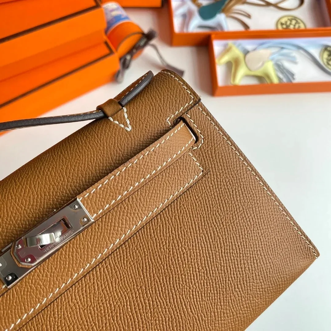 Hermes Kelly Pochette Top Handle Bag in Brown Epsom Palladium Hardware