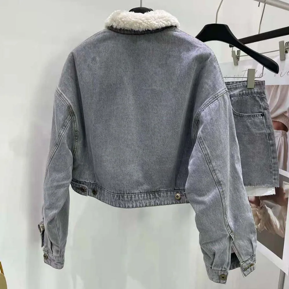 Miu Miu Embroidered Denim Blouson Jacket with Embroidered Logo for Women