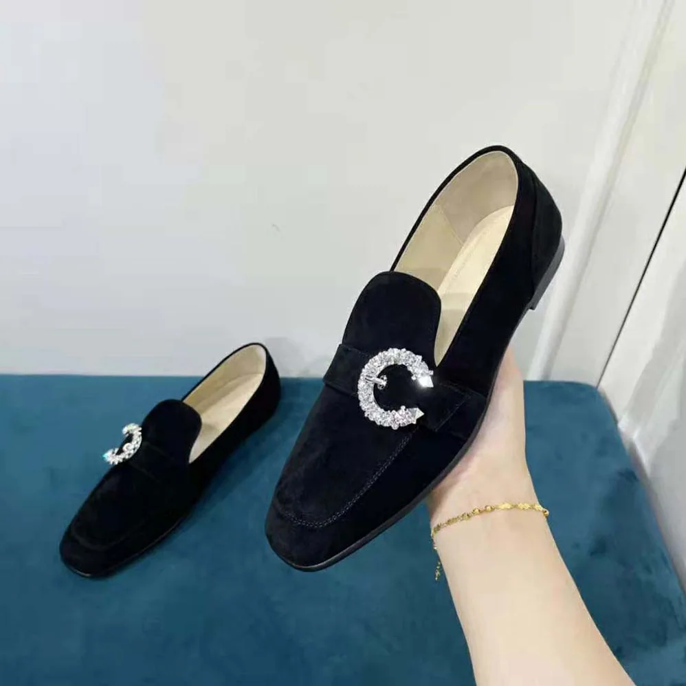 Jimmy Choo Mani Flat Black Suede Loafers with Crystal Buckle for Women