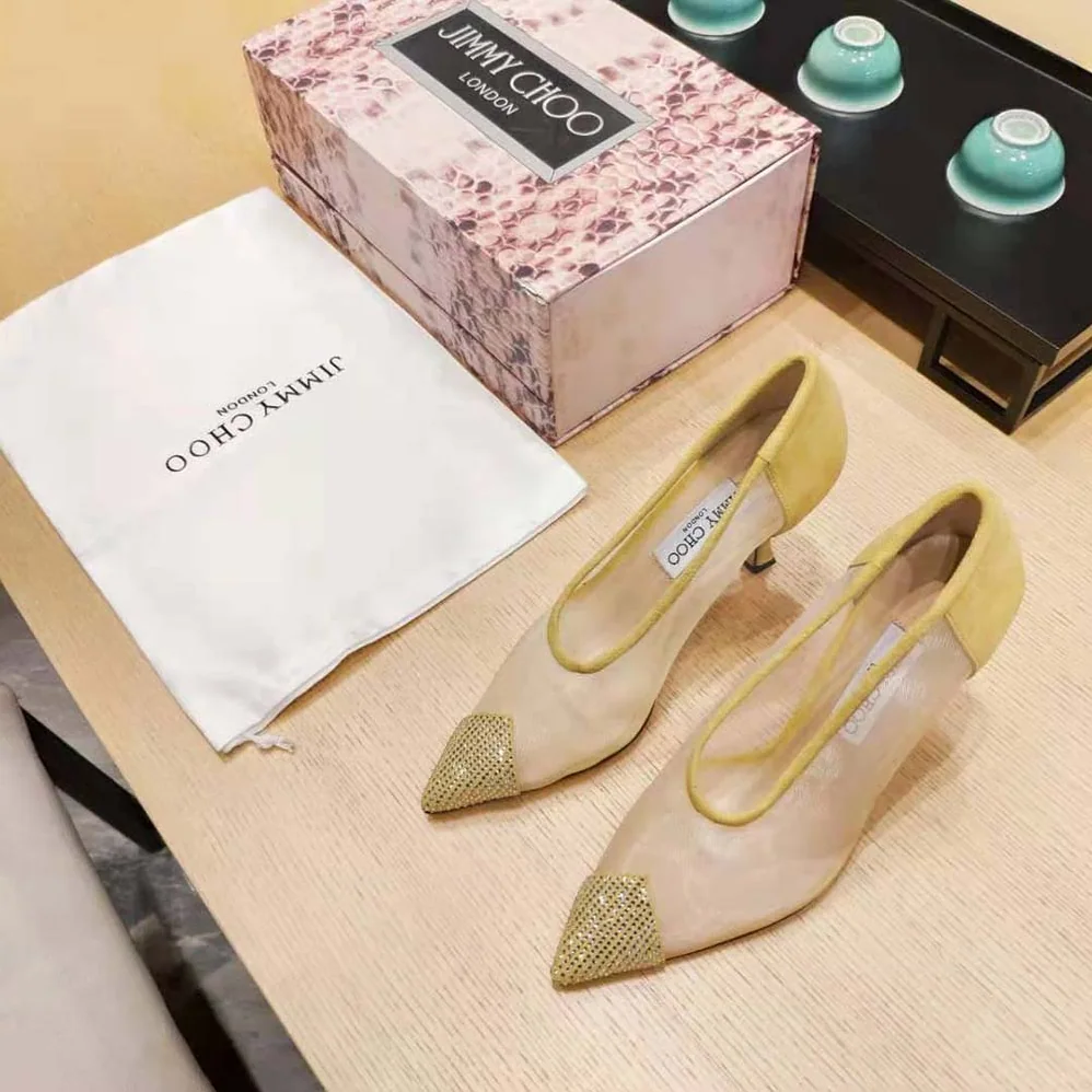 Jimmy Choo Nicole 90 Yellow Mesh and Suede Pumps with Crystal Embellishment for Women