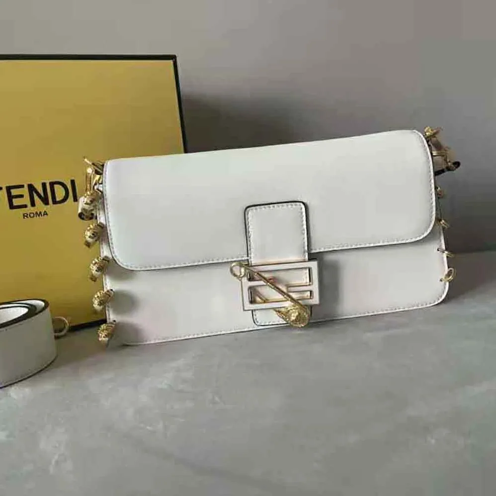 Fendi Baguette Brooch Fendace White Leather Bag for Women Fendi Baguette Brooch Fendace White Leather Bag for Women