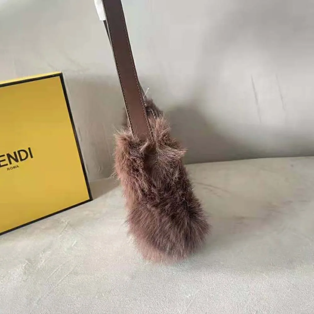 Fendi O'Lock Swing Brown Houndstooth Wool and Fox Fur Pouch for Women Fendi O'Lock Swing Brown Houndstooth Wool and Fox Fur Pouch for Women