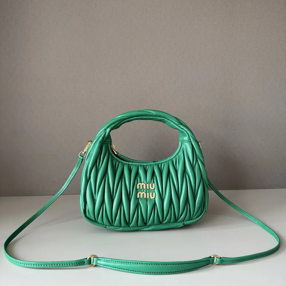 Miu Miu Wander Matelassé Nappa Leather Hobo Bag for Women in Green Miu Miu Wander Matelassé Nappa Leather Hobo Bag for Women in Green