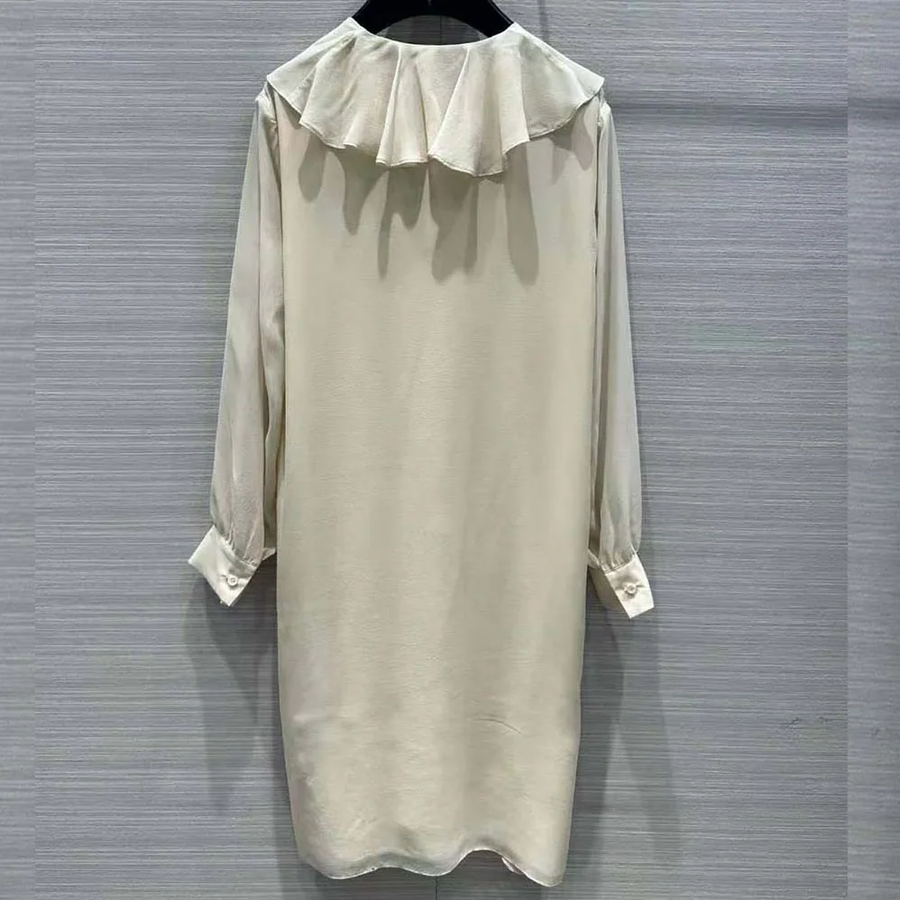 Celine Jabot Dress in Lightweight Silk Sablé for Women in Beige Celine Jabot Dress in Lightweight Silk Sablé for Women in Beige