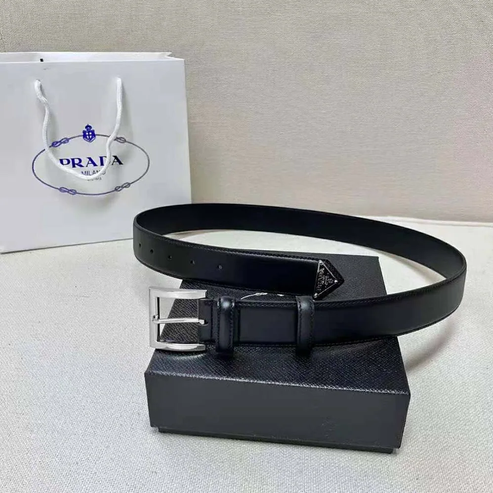 Prada Leather Belt with Enameled-Metal Triangle Logo for Women in Black Prada Leather Belt with Enameled-Metal Triangle Logo for Women in Black
