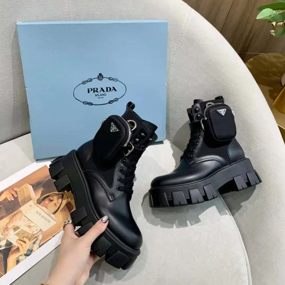 Prada Brushed Rois Leather and Nylon Monolith Boots for Women Prada Brushed Rois Leather and Nylon Monolith Boots for Women