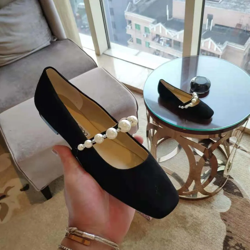 Jimmy Choo Ade Flat Ballet Black Suede Flats with Pearl Embellishment for Women