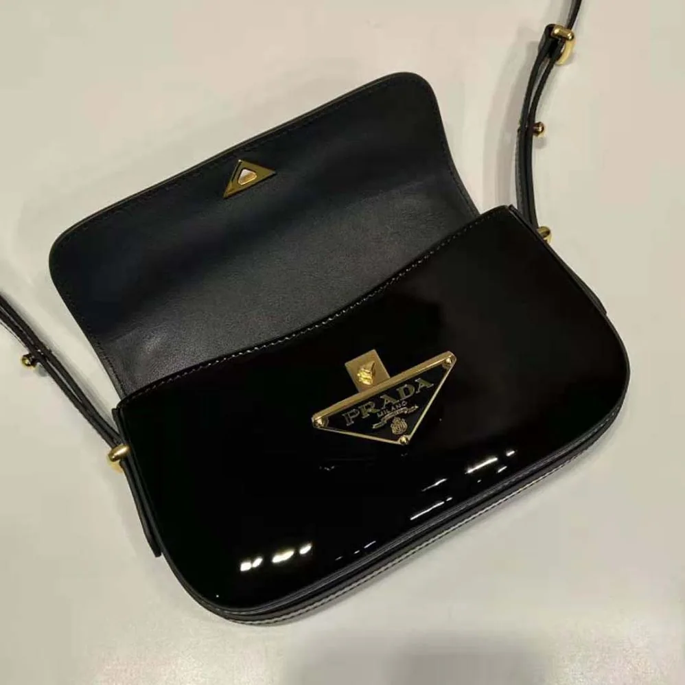 Prada Patent Leather Shoulder Bag with Flap for Women in Black