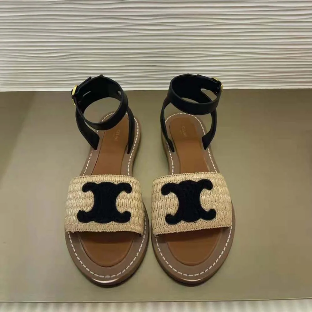 Celine Lympia Flat Strap Sandal in Raffia & Calfskin for Women in Black