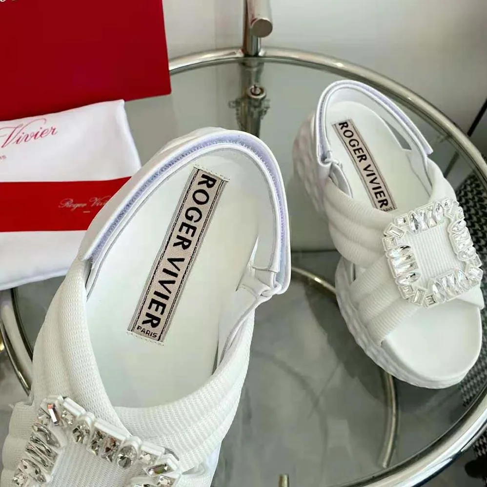 Roger Vivier Viv' Run Light Strass Buckle Sandals in Fabric for Women in White