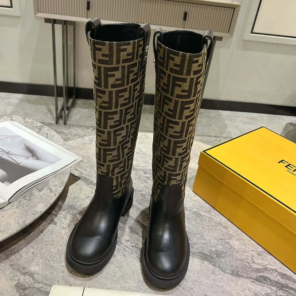 Fendi Filo Black Leather and Brown FF Fabric Boots for Women Fendi Filo Black Leather and Brown FF Fabric Boots for Women