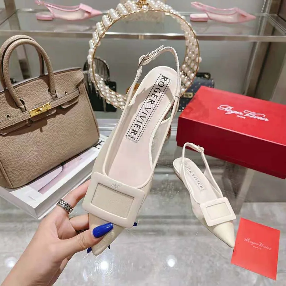 Roger Vivier Gommettine Net Lacquered Buckle Slingback Ballerinas in Fabric for Women in White