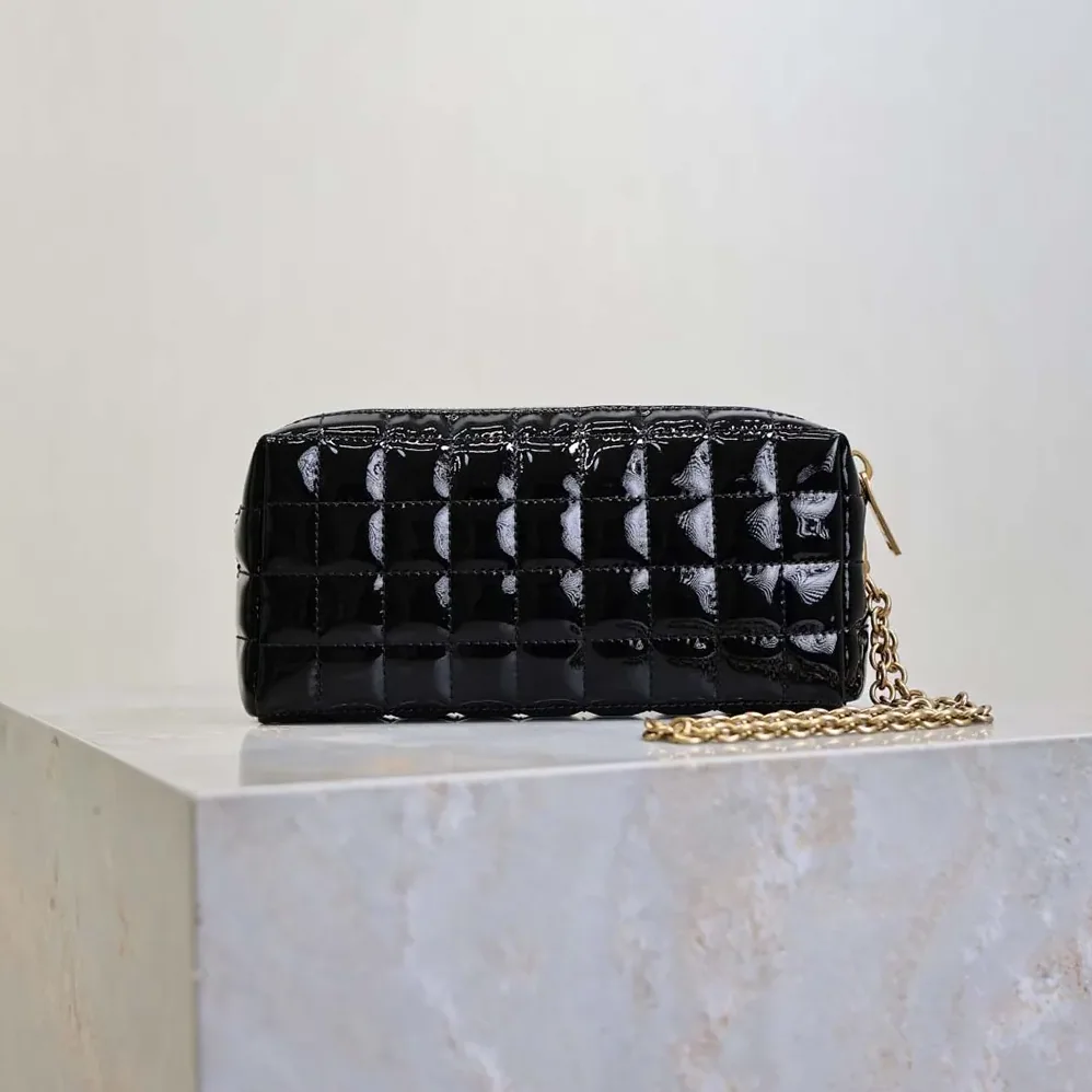 Saint Laurent YSL Cassandre Matelassé Carré Pouch On Chain In Shiny Canvas for Women in Black Saint Laurent YSL Cassandre Matelassé Carré Pouch On Chain In Shiny Canvas for Women in Black