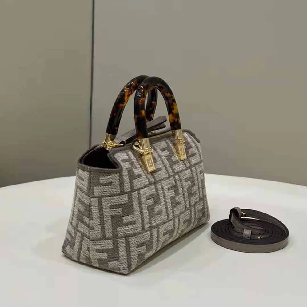 Fendi By The Way Mini Small Boston Bag in Dove Gray Tapestry Fabric for Women