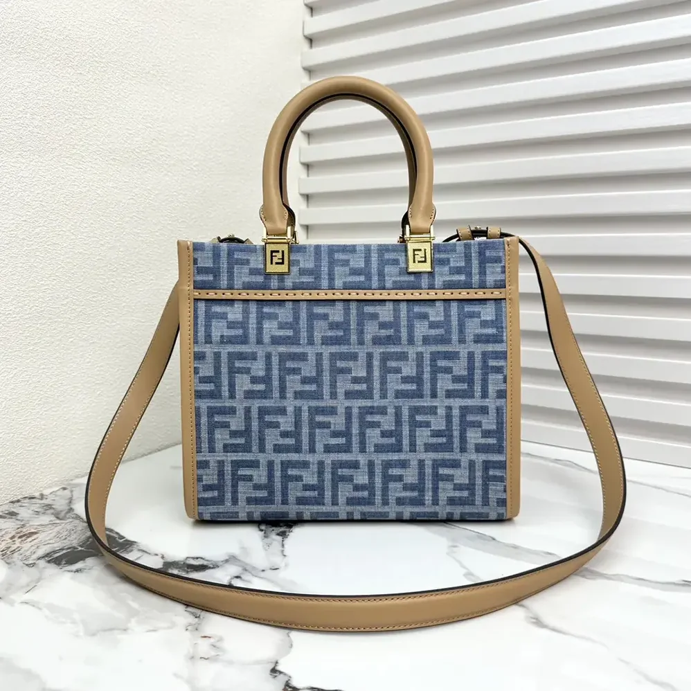 Fendi Sunshine Small Light Blue FF Denim Fabric Shopper for Women Fendi Sunshine Small Light Blue FF Denim Fabric Shopper for Women