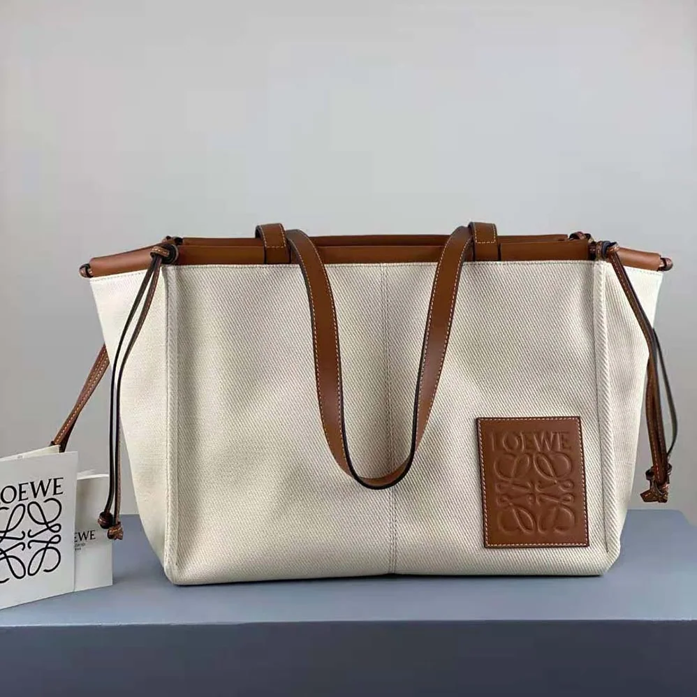 Loewe Cushion Tote Bag in Canvas and Calfskin for Women in Brown