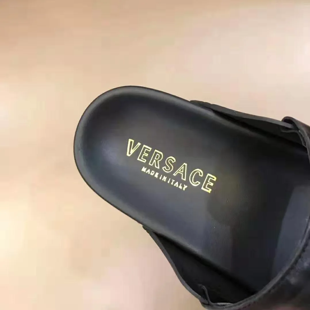 Versace Speed Logo Leather Sandals for Men in Black Versace Speed Logo Leather Sandals for Men in Black