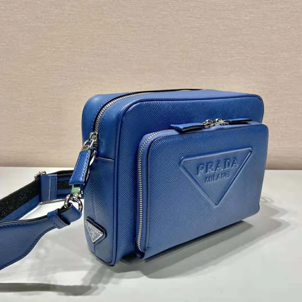 Prada Saffiano Leather Shoulder Bag With Iconic Prada Material for Men in Navy
