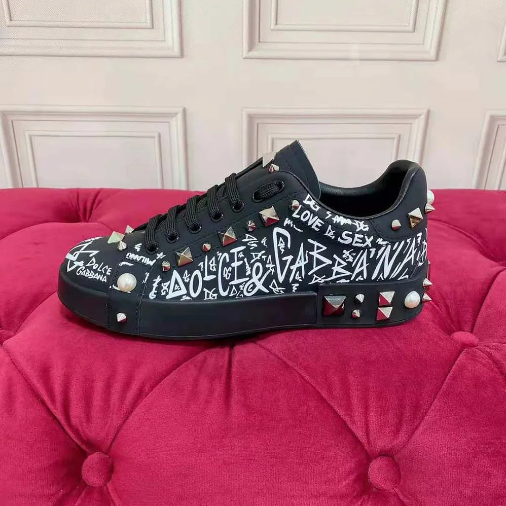 Dolce Gabbana D&G Calfskin Nappa Portofino Sneakers with Studs for Unisex in Black