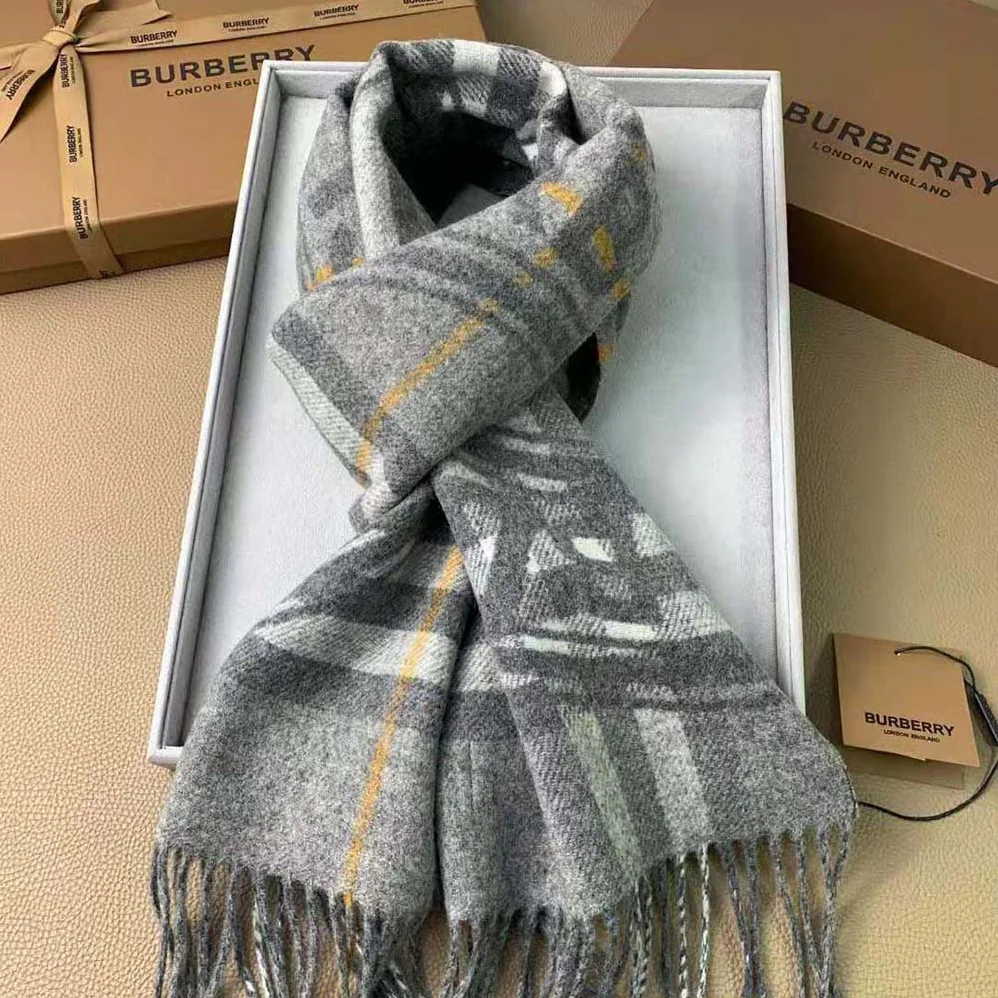 Burberry Montage Print Check Cashmere Scarf for Women in Silver