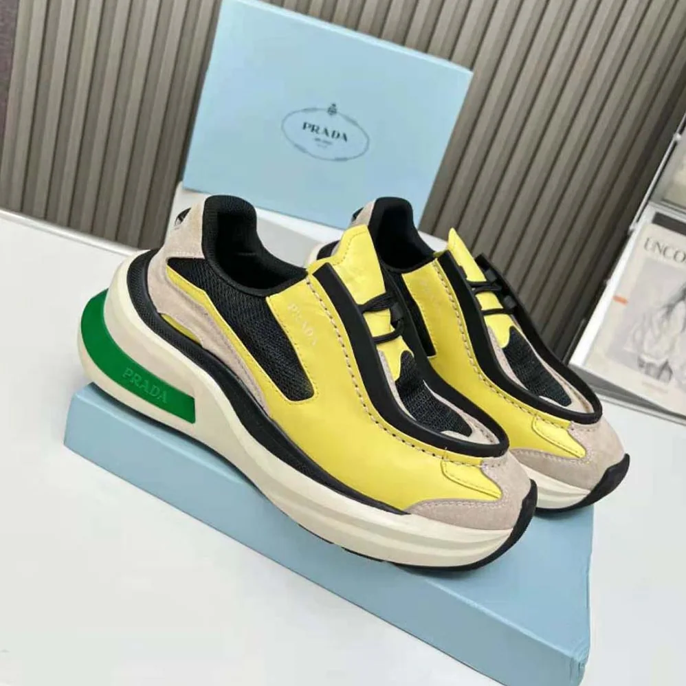 Prada Systeme Brushed Leather Sneakers with Bike Fabric and Suede Elements for Men in Yellow