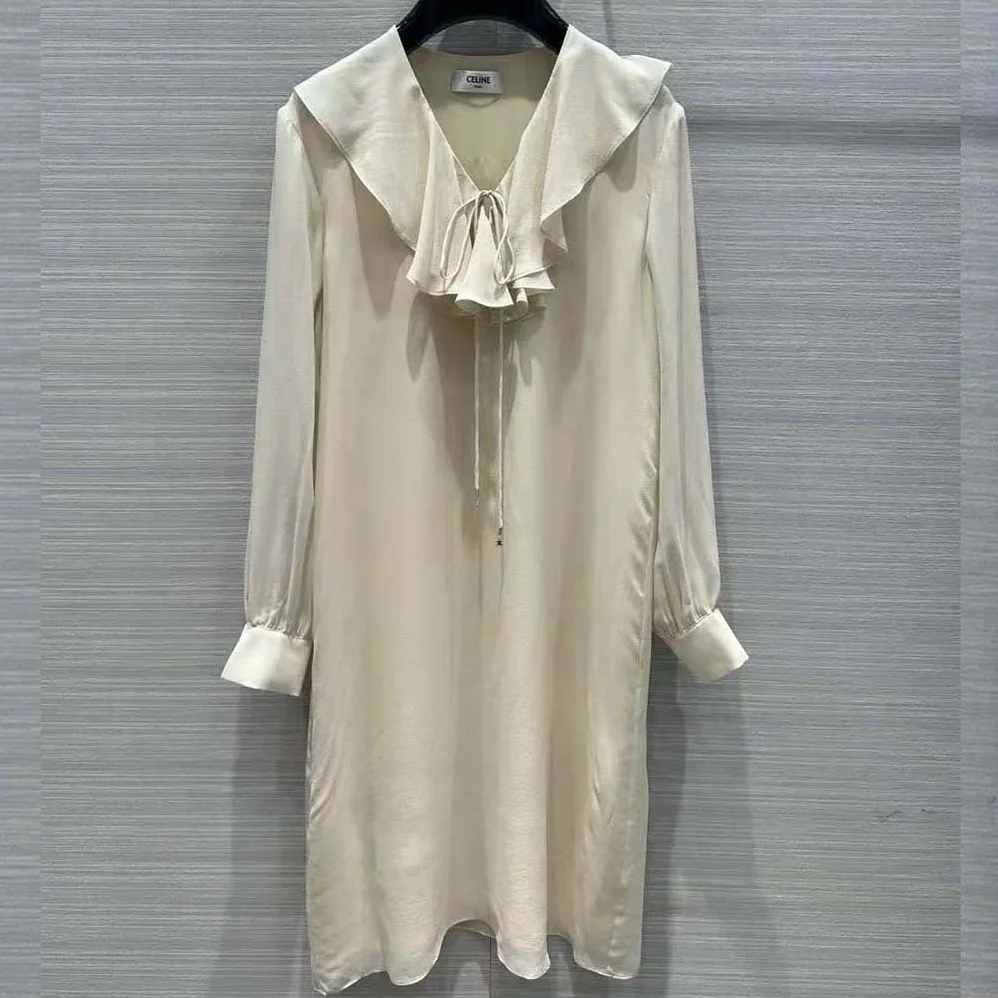 Celine Jabot Dress in Lightweight Silk Sablé for Women in Beige Celine Jabot Dress in Lightweight Silk Sablé for Women in Beige