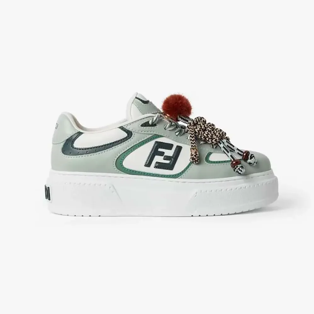 Fendi Match Low Top Platform Shoes In Green Leather With Charm for Women Fendi Match Low Top Platform Shoes In Green Leather With Charm for Women