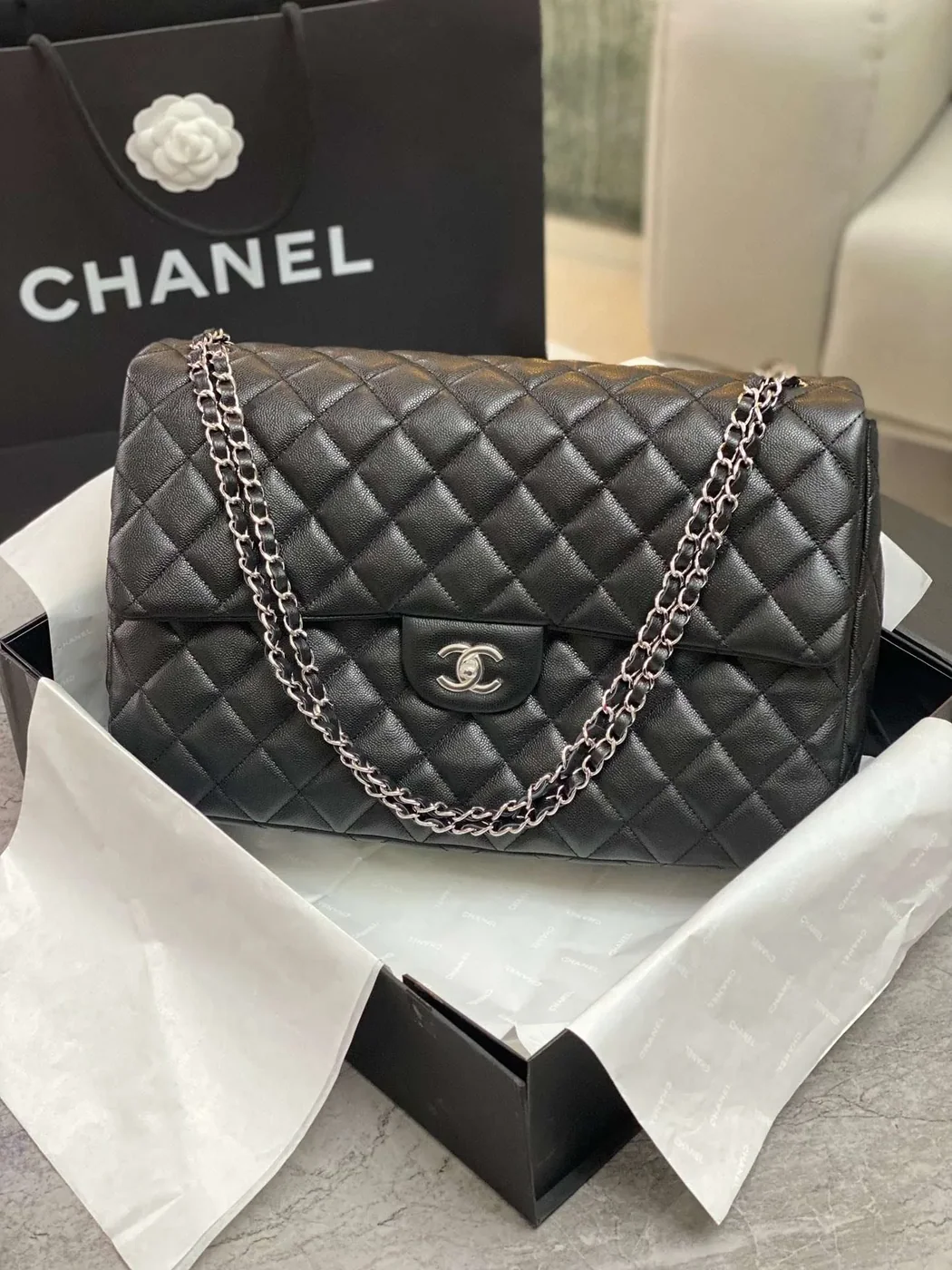 Chanel Classic Maxi Jumbo XL Crossbody Bag in Black Silver Hardware